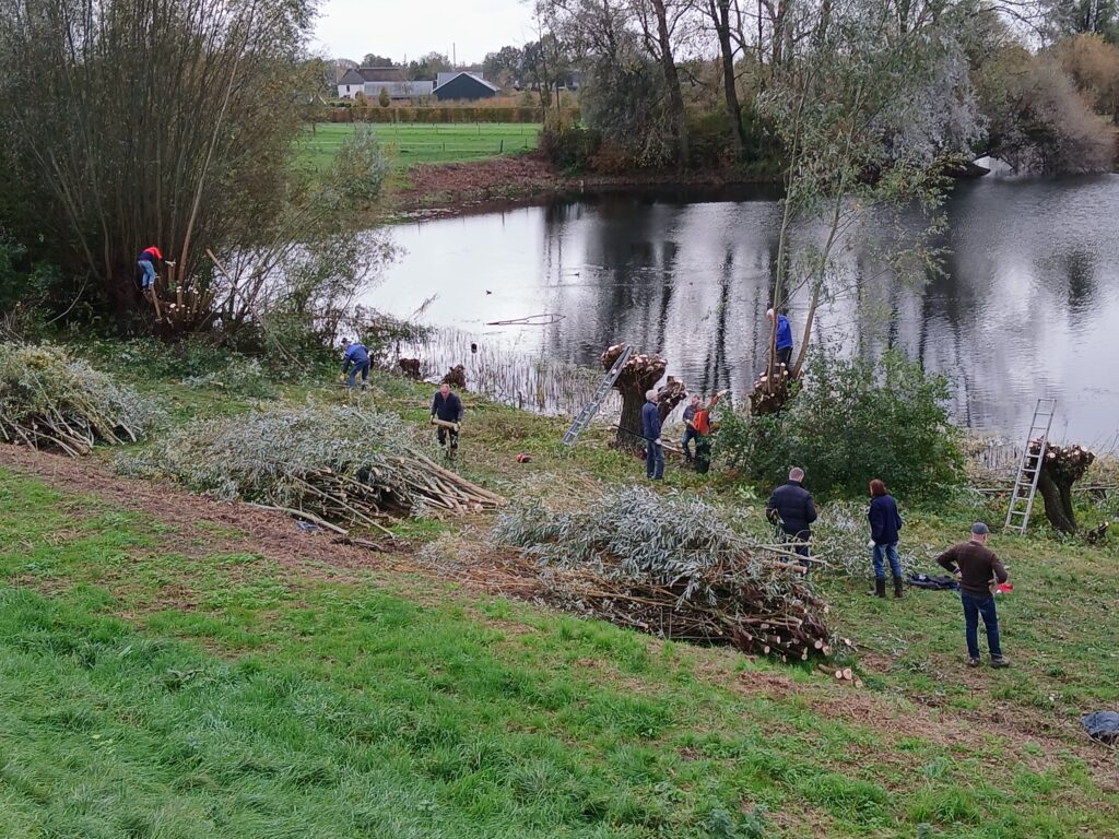 zicht op de Duivelswaai vanaf de dijk. Een groep vrijwilligers aan het werk.